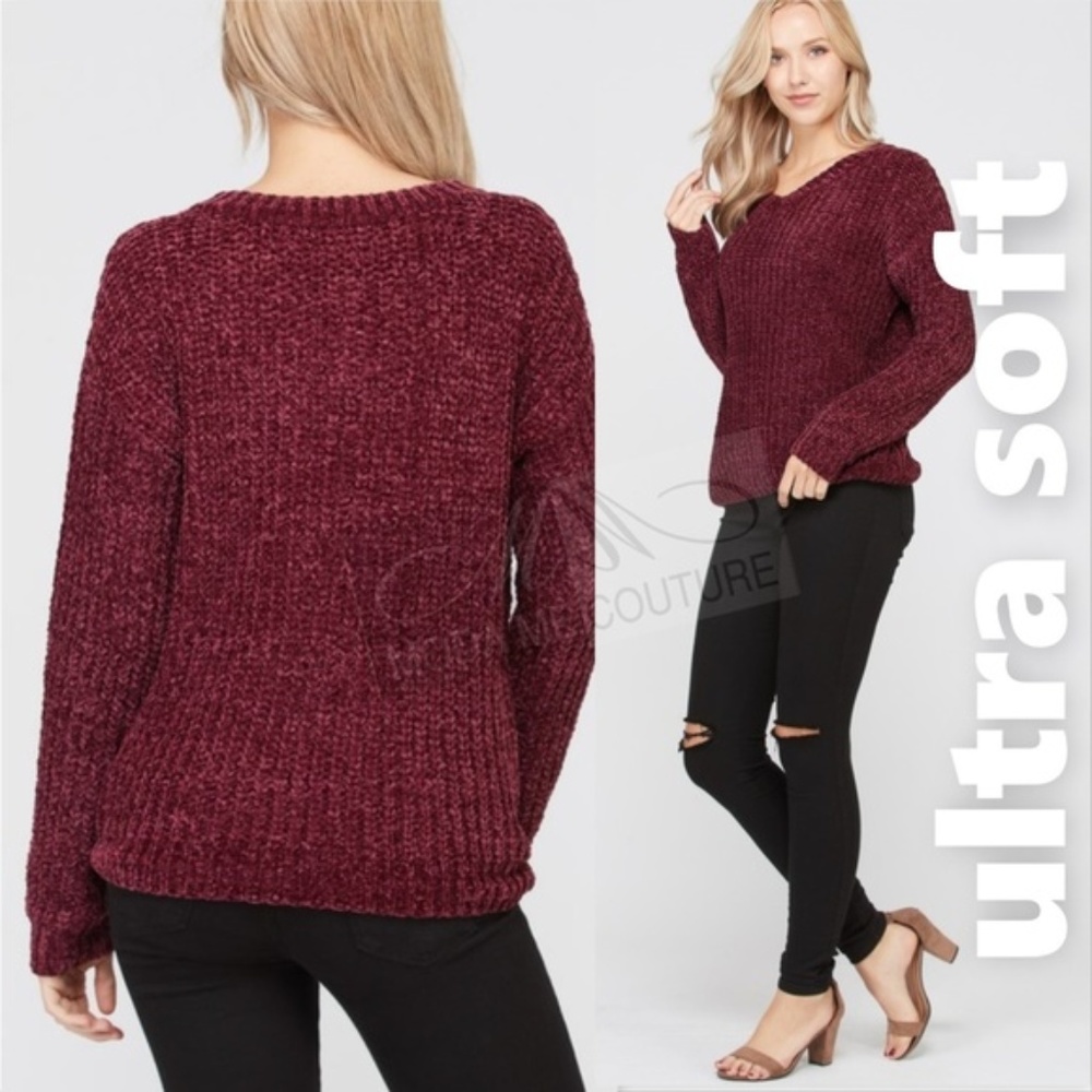 CASUAL DOLLZ So Soft Chenille Sweater - Burgundy - Picture 4 of 5